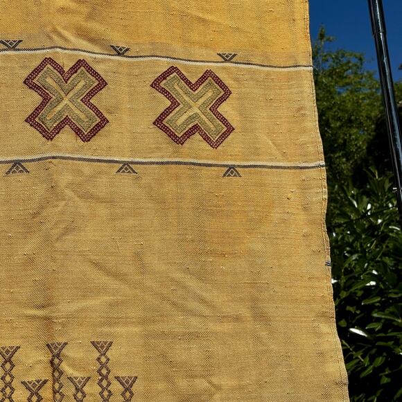 Vintage Moroccan Sumouk Kilim Hanbel Silk Area Rug Wall Hanging Saffron 3'x5' - Picture 2 of 10